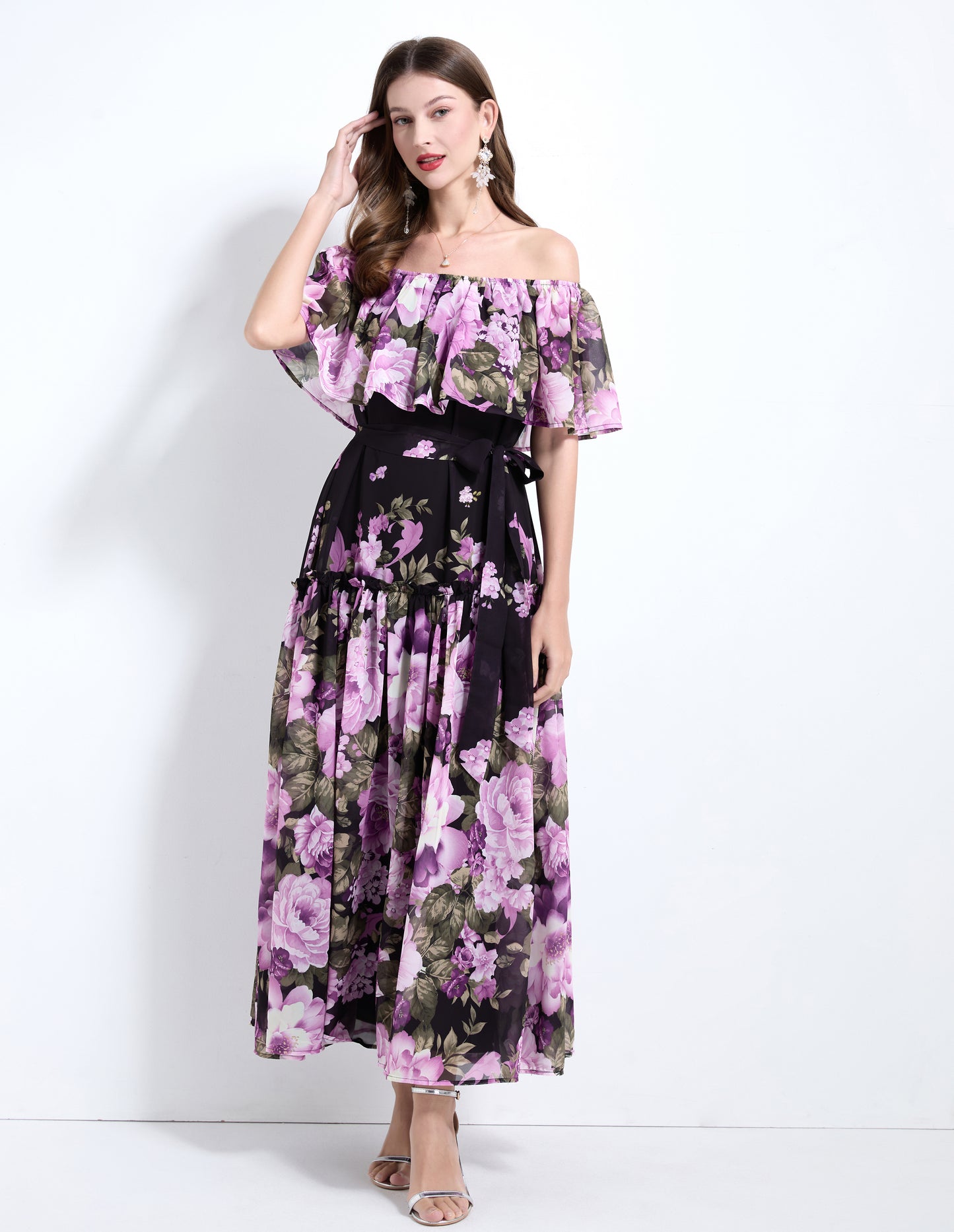 Off The Shoulder Floral Flowy Tied Maxi Dress