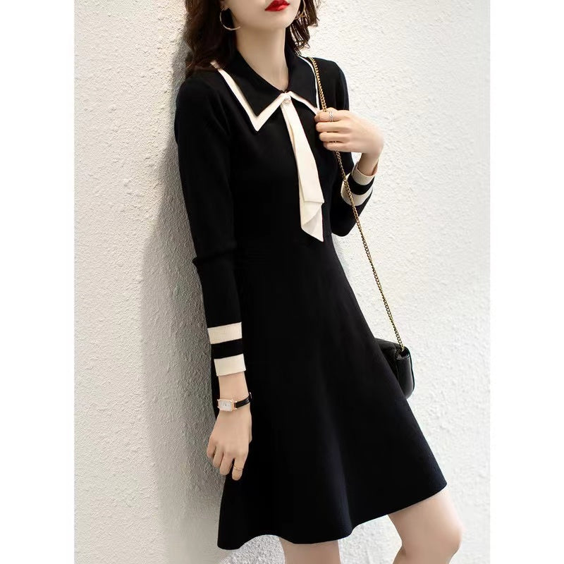 Women's Tie Contrasting Color Collar Knit Sweater Dress