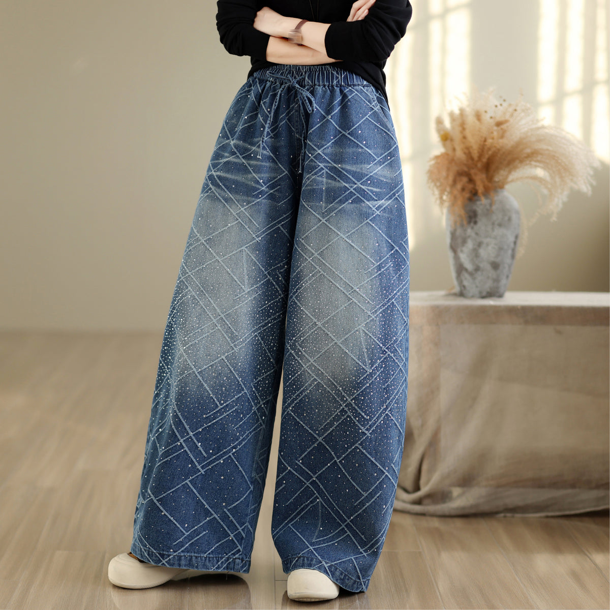 28672-Denim Wide Leg Pants with Diamond Lattice Print & Drawstring Waist