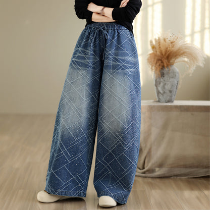 28672-Denim Wide Leg Pants with Diamond Lattice Print & Drawstring Waist