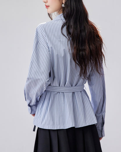 Blue Striped Tie-Waist Shirt | Relaxed Fall Everyday Top