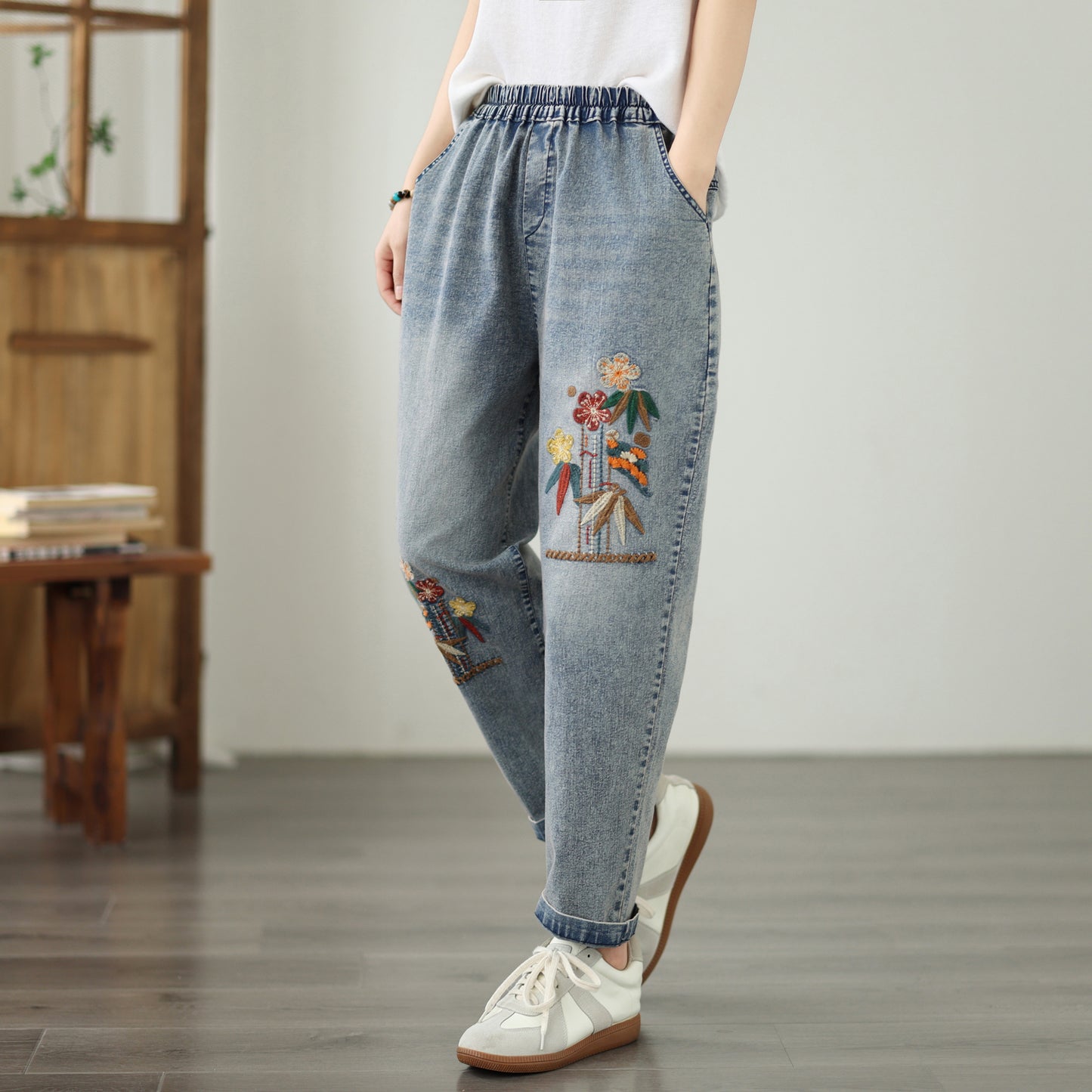 Women's Casual Denim Harem Jeans Elastic Waist Loose Pants - LAI MENG FIVE CATS