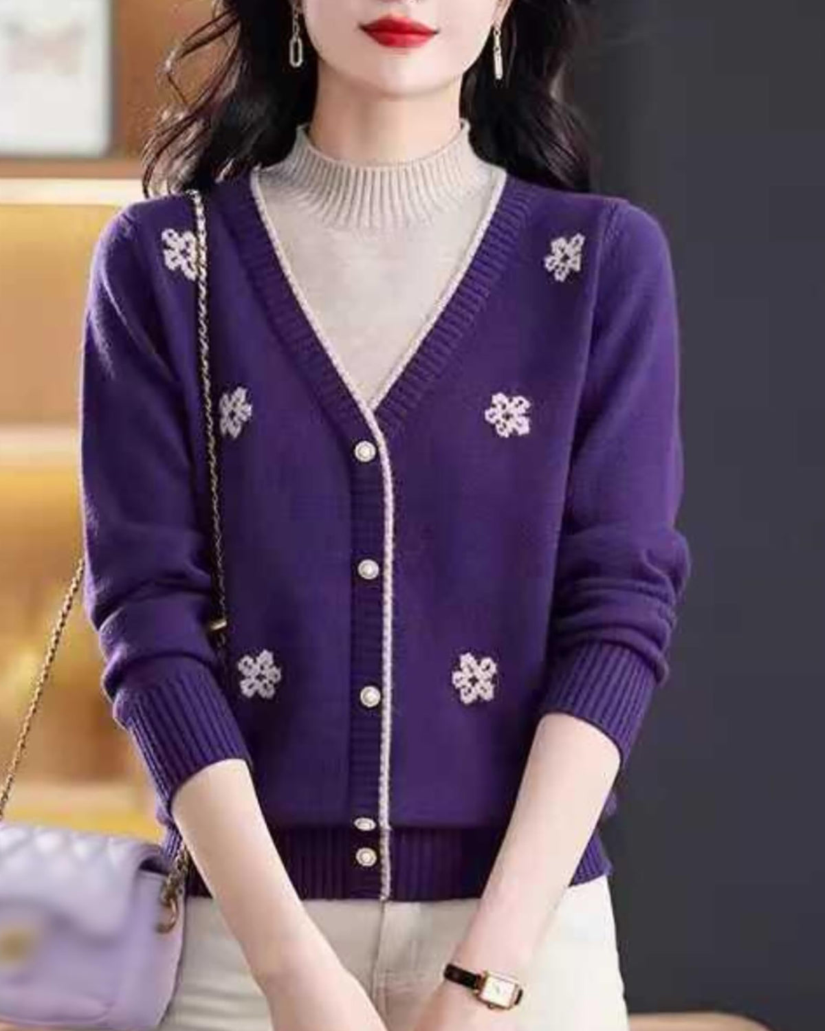 Floral Embroidered V-Neck Knit Sweater Pullover Top Fall Layered