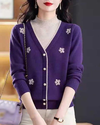 Floral Embroidered V-Neck Knit Sweater Pullover Top Fall Layered
