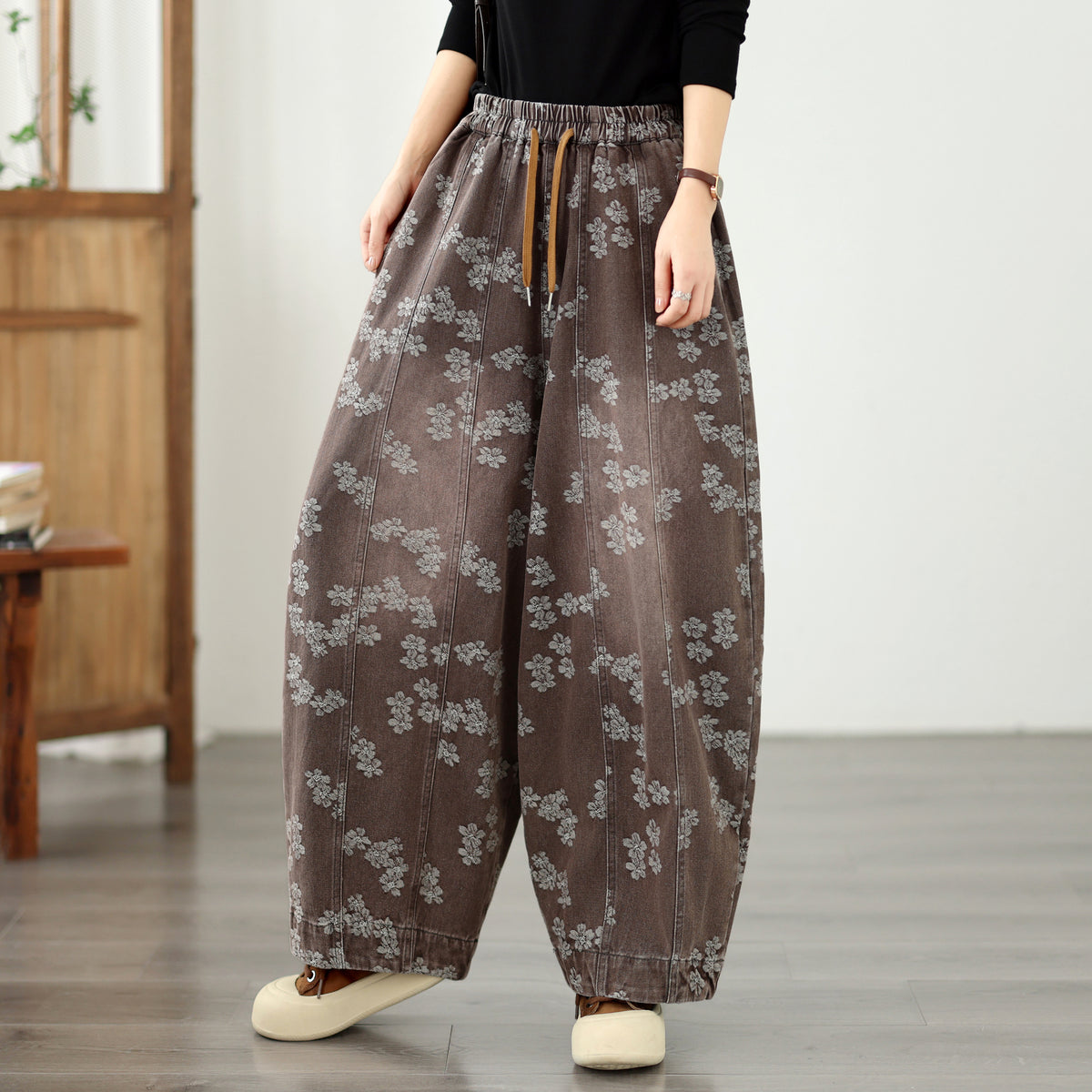 Vintage Floral Denim Harem Pants - Women's Loose Fit Boho Lantern Trousers