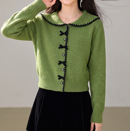 28700 Green Sailor Collar Button-Front Knit Cardigan