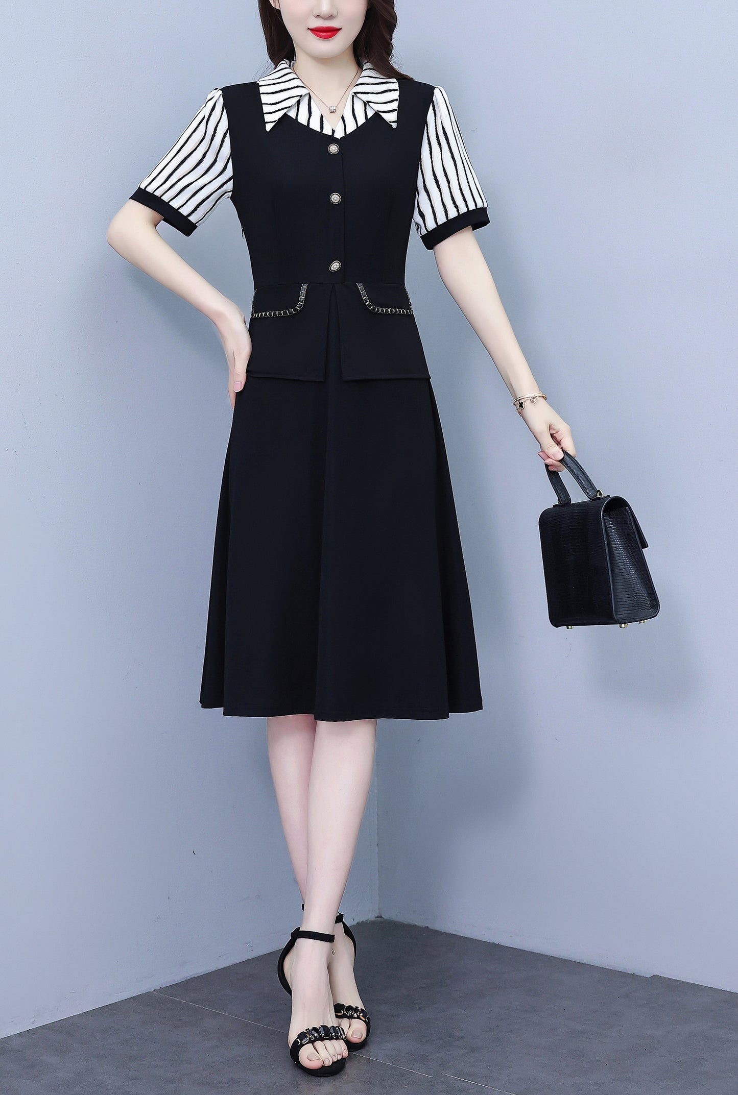 Women's Lapel V-Neck Pocket Short Sleeve Midi Dress - LAI MENG FIVE CATS