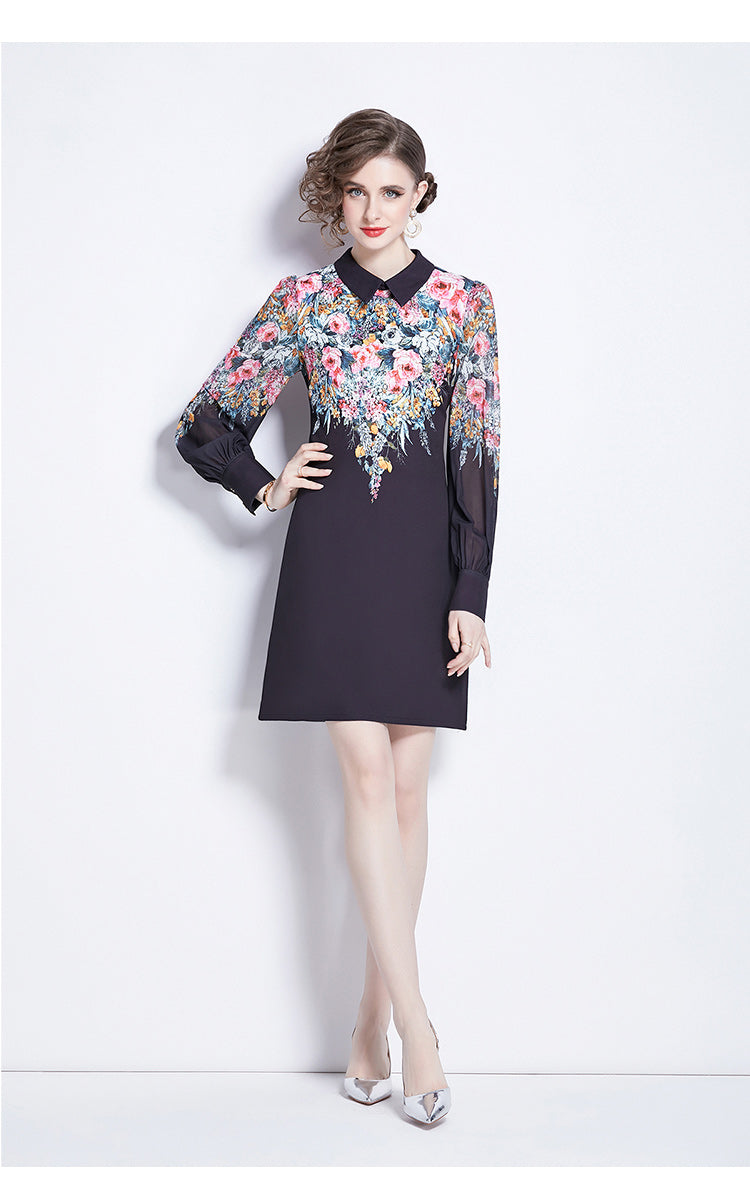 SSY-Women's Floral Chiffon Long Sleeve Mini Dress