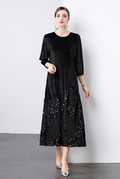 Velvet Lace Patchwork Sequins Midi Dress