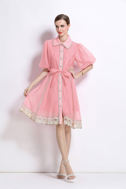 Pink Button Up Lace Trim Mini Dress