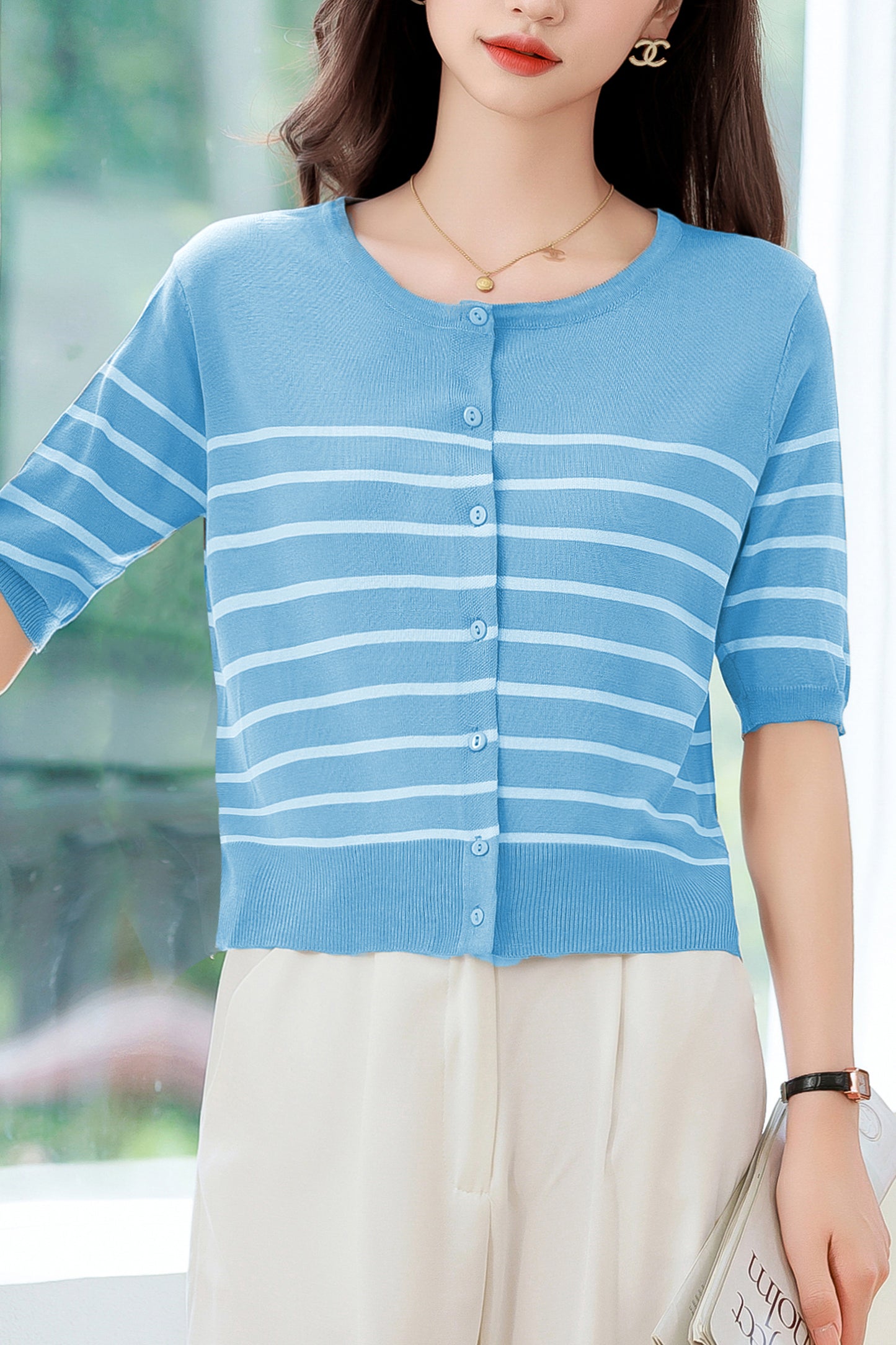Women's Stripes Short Sleeve Knit Cardigan Tops