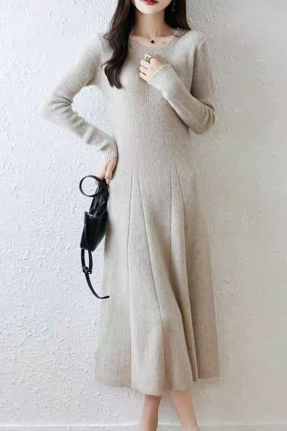 Women's Round Neck Sweater Ribbed Knit Maxi Dress