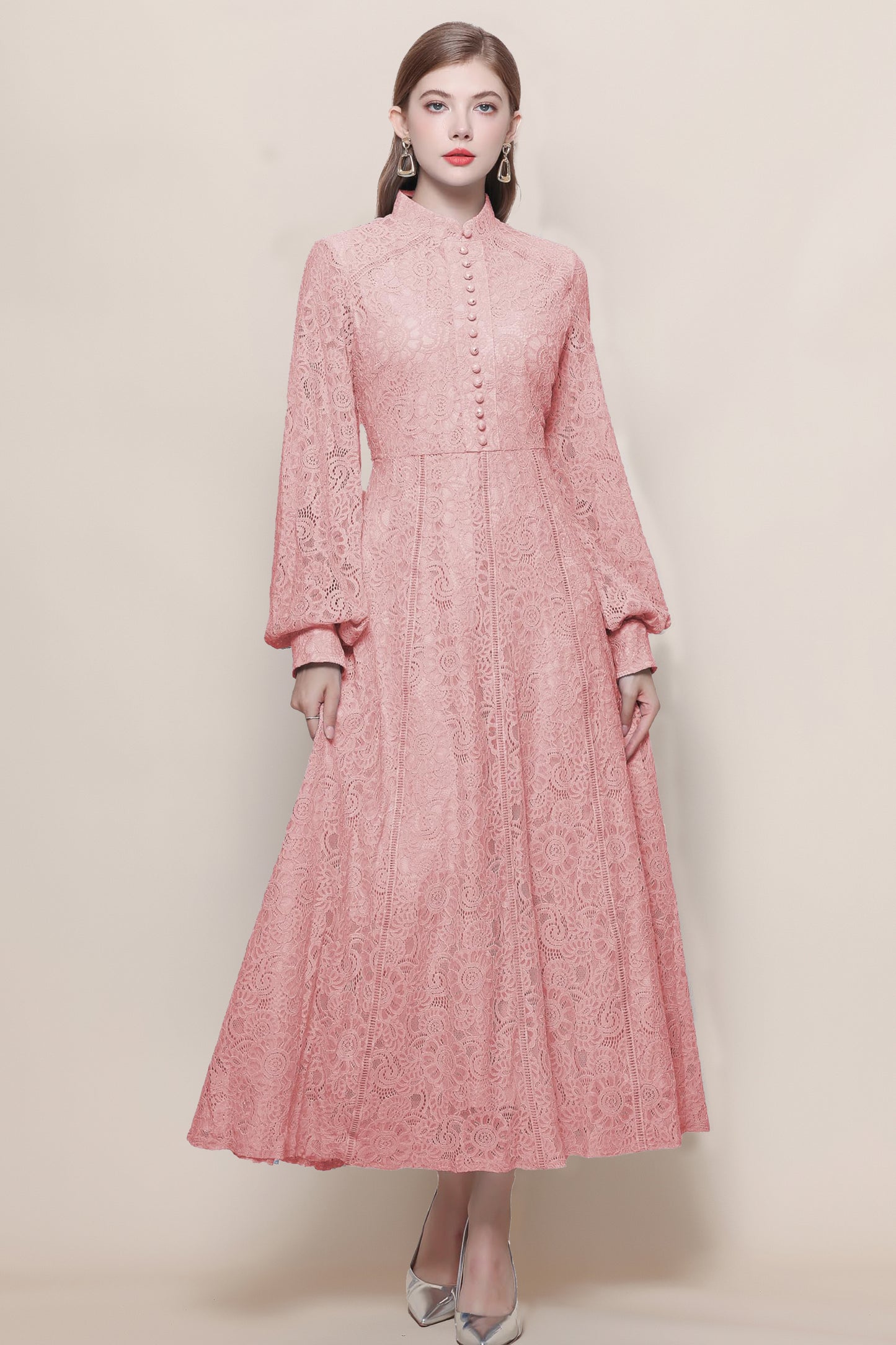 Women's Lace Mandarin Collar High Waist Maxi Dress - LAI MENG FIVE CATS