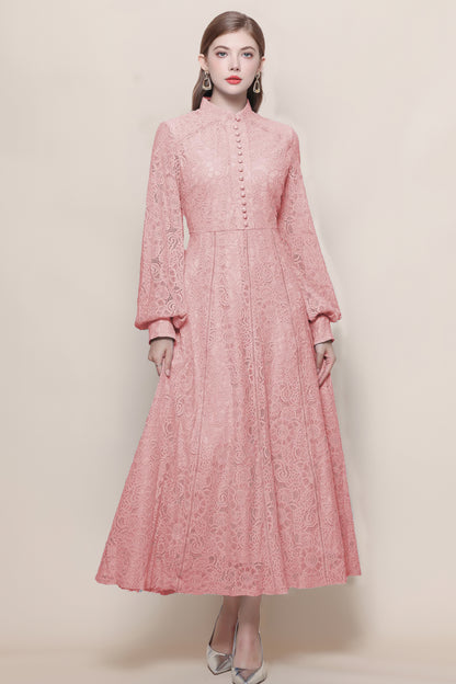 Women's Lace Mandarin Collar High Waist Maxi Dress - LAI MENG FIVE CATS