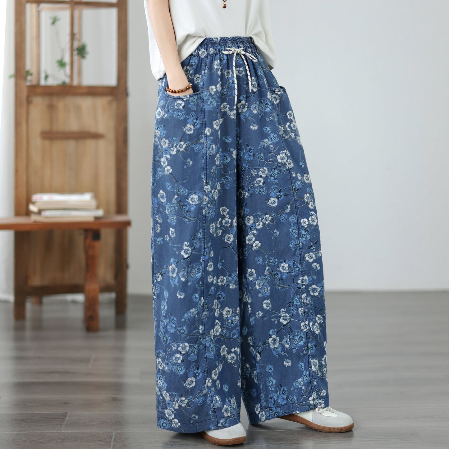 Women's Wide Leg Jeans Lightweight Wasited Elastic Print Y2K Pants - LAI MENG FIVE CATS