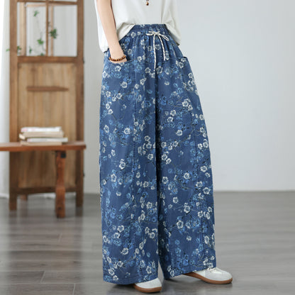 Women's Wide Leg Jeans Lightweight Wasited Elastic Print Y2K Pants - LAI MENG FIVE CATS
