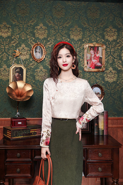 Women's Round Neck Jacquard Embroidery Blouses - LAI MENG FIVE CATS
