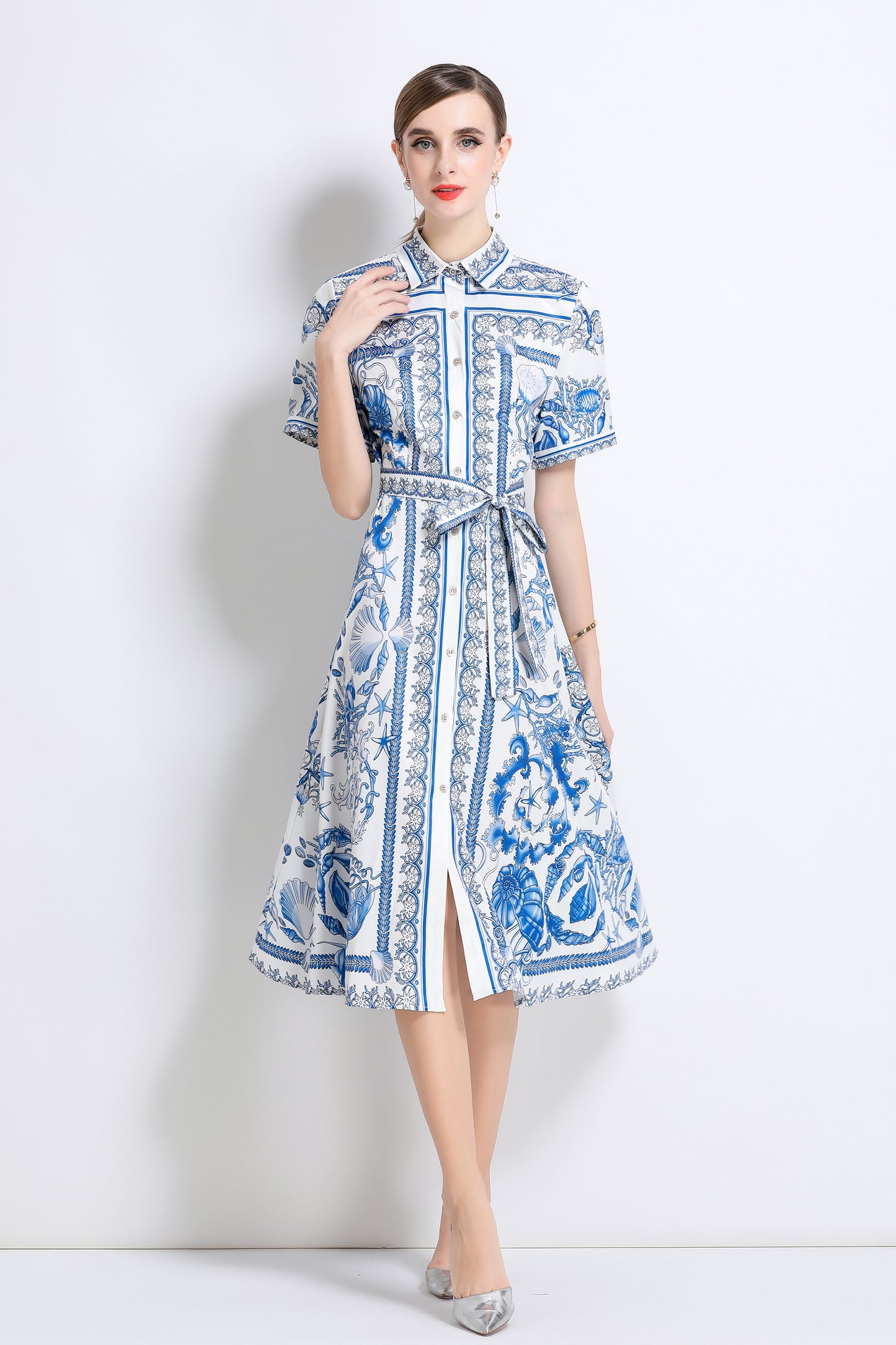 Women's Short Sleeve Button Floral Print  Midi Dress