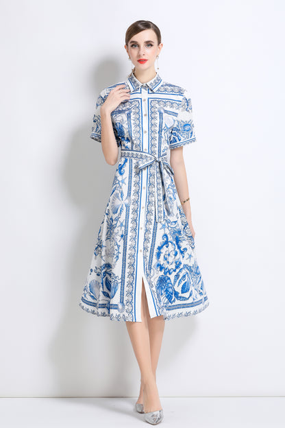 Women's Short Sleeve Button Floral Print  Midi Dress