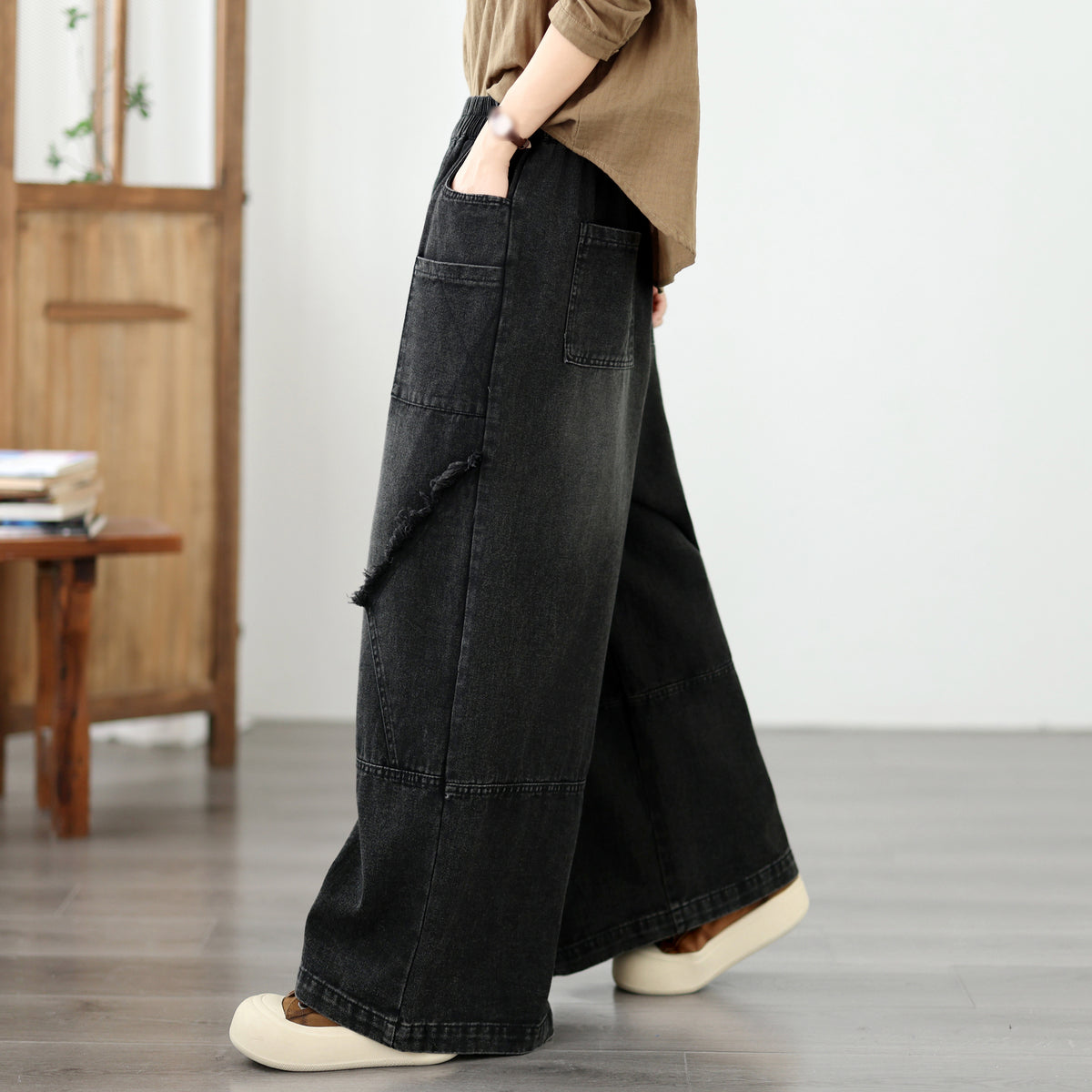 Vintage Denim Wide Leg Pants - Women's Patchwork Jeans Trousers