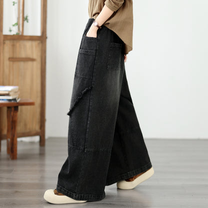 Vintage Denim Wide Leg Pants - Women's Patchwork Jeans Trousers
