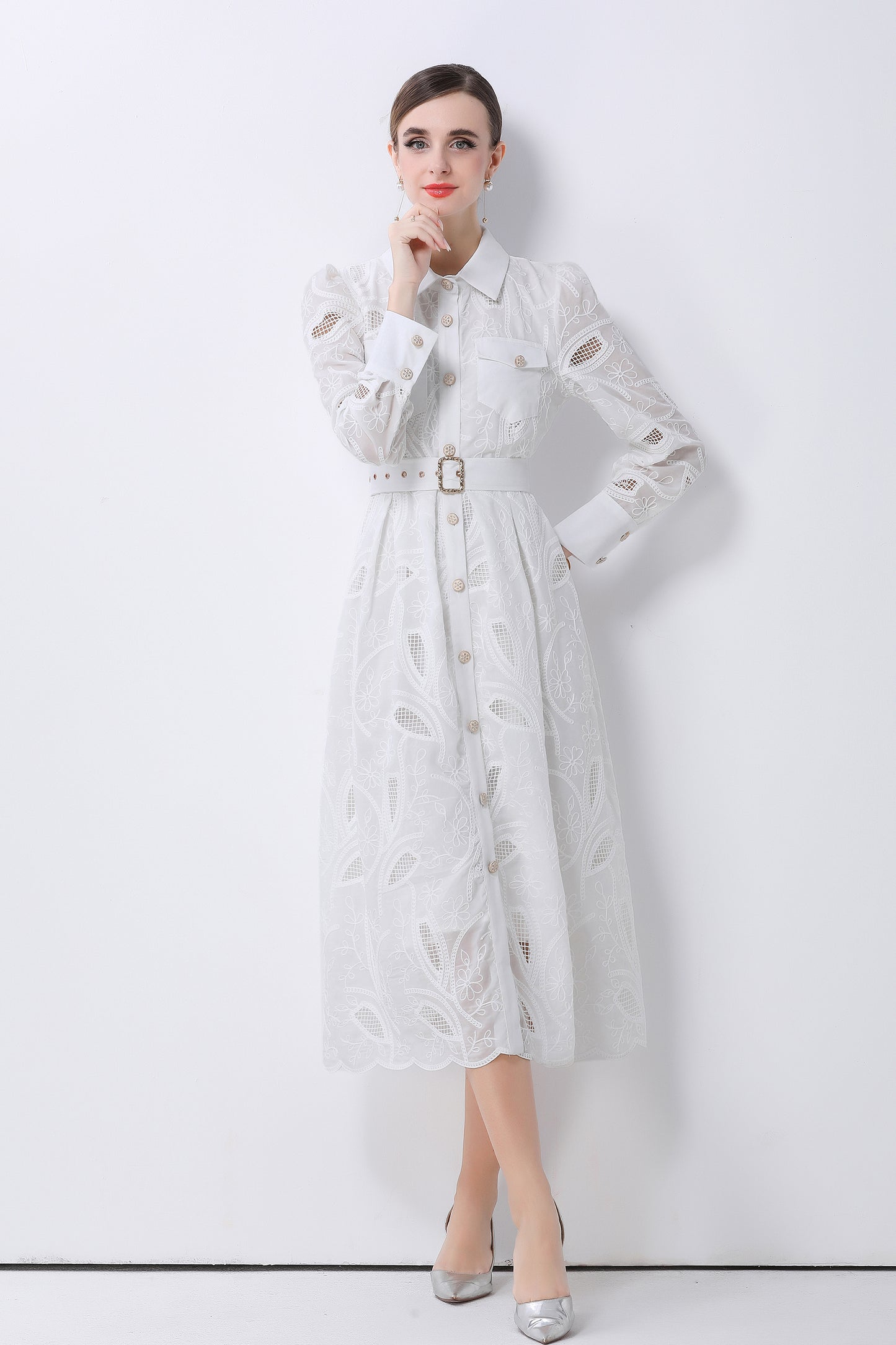 Women's Embroidery Hollow Out Lace Midi Dress - LAI MENG FIVE CATS