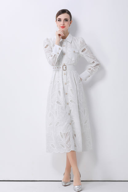 Women's Embroidery Hollow Out Lace Midi Dress - LAI MENG FIVE CATS