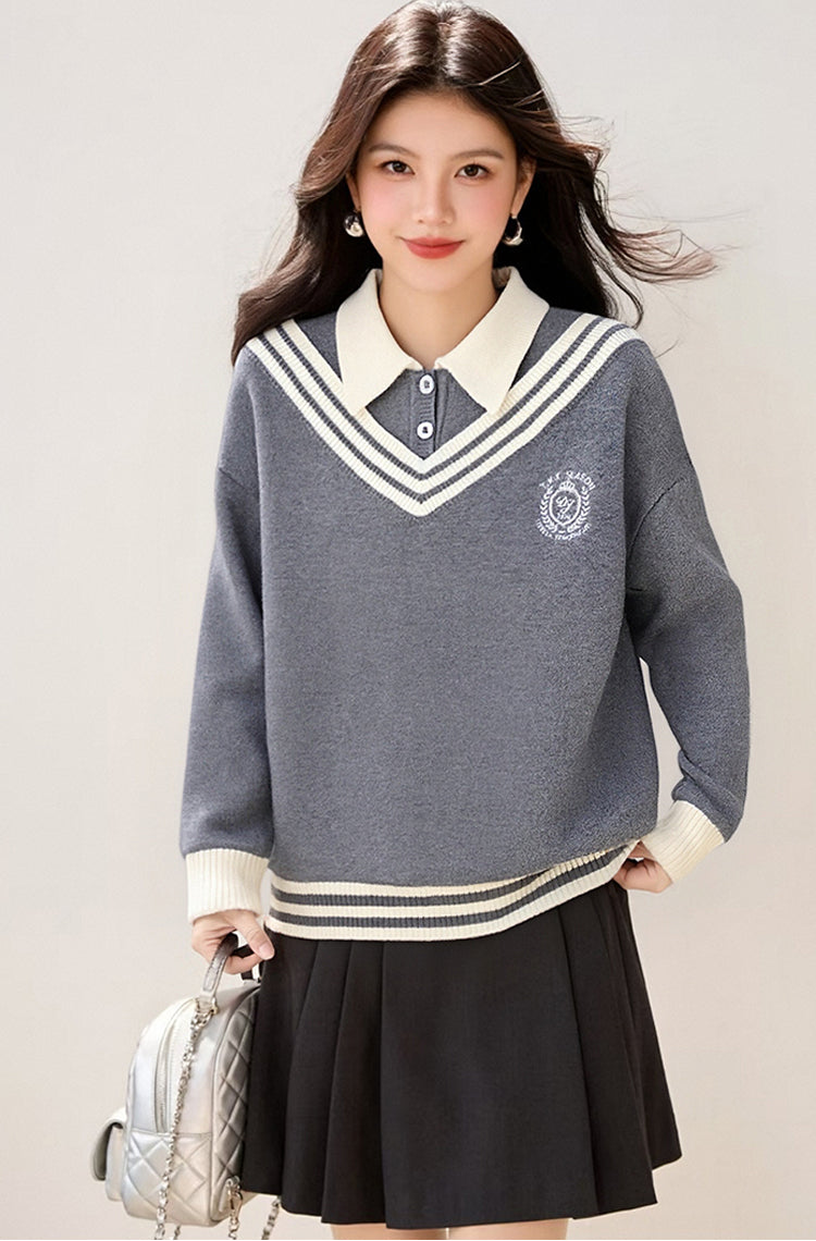 Women's Preppy Sweater 2 in 1 Ribbed Knit Pullover Top