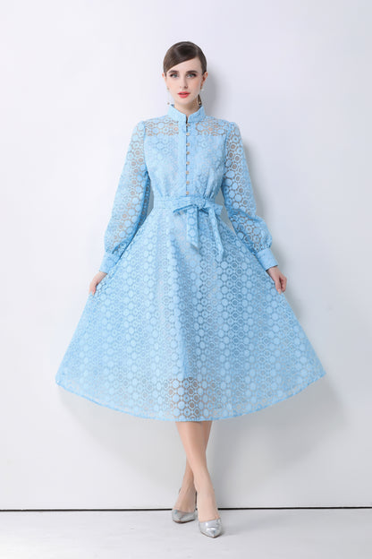Women's Lace Lantern Sleeve Button Midi Dress