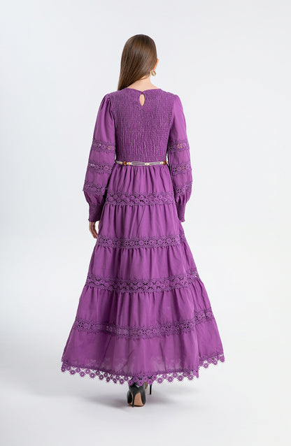 Women's Smocked Solid Color Lace Cutout Long Sleeve Maxi Dress