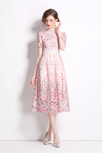 Women's Lace Floral Crochet Waist Midi Dress