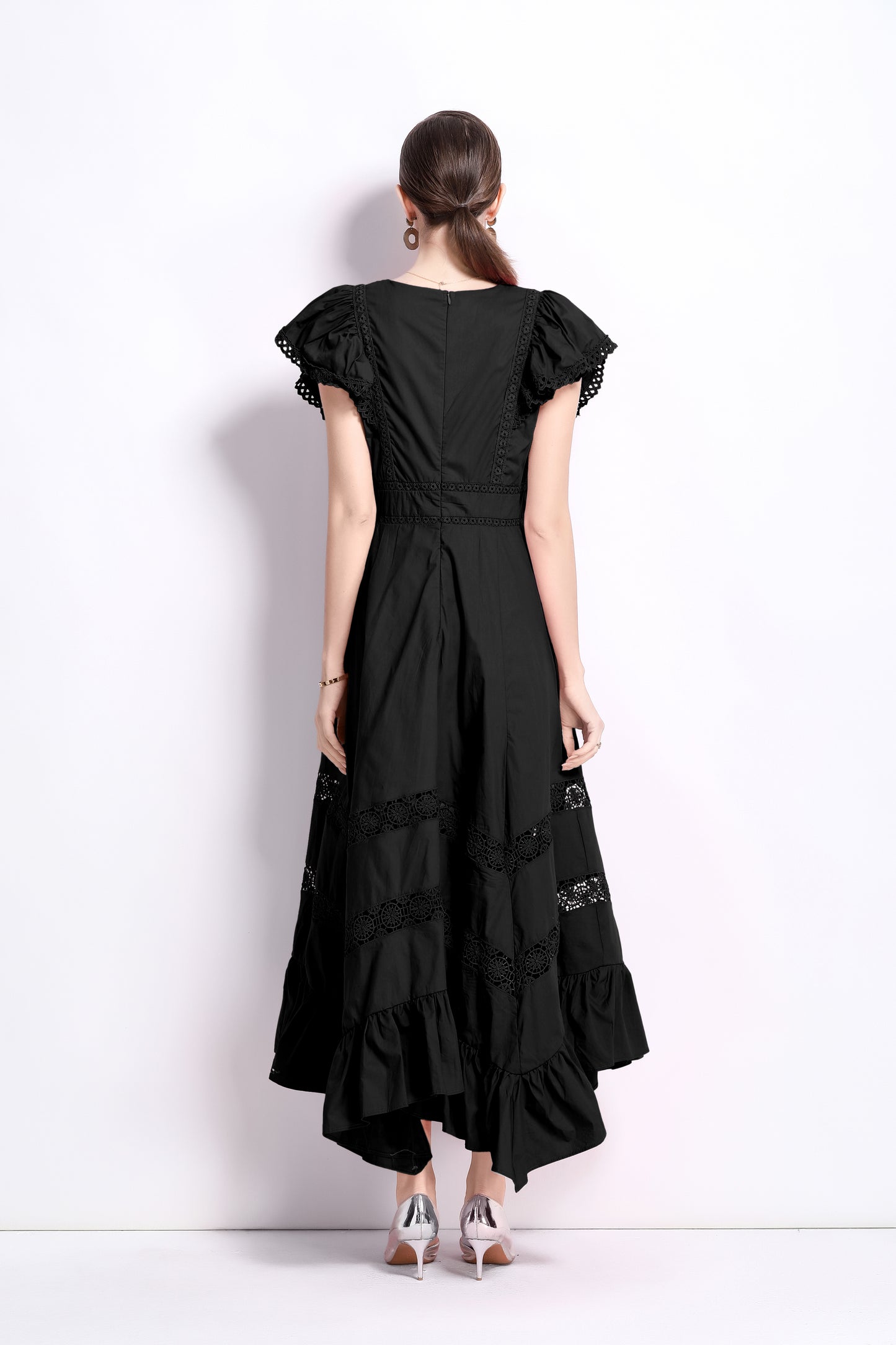 Women's V Neck Lace Ruffles Irregular Hem Maxi Dress