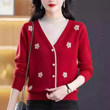 Floral Embroidered V-Neck Knit Sweater Pullover Top Fall Layered