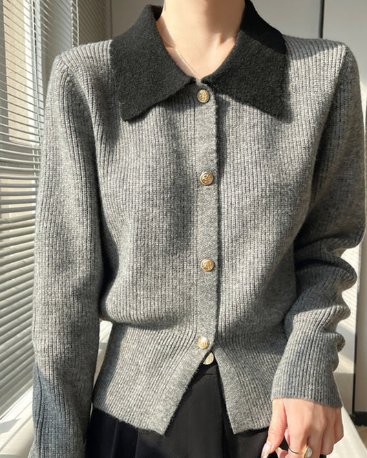 Chic Contrast Collar Knit Cardigan – Vintage Button Ribbed Sweater Top