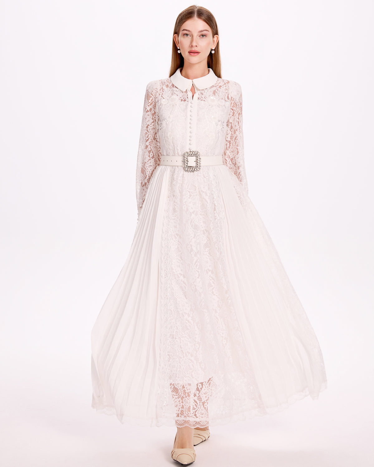 Lace & Chiffon Maxi Dress – Elegant Long Sleeve Dress with Crystal Belt