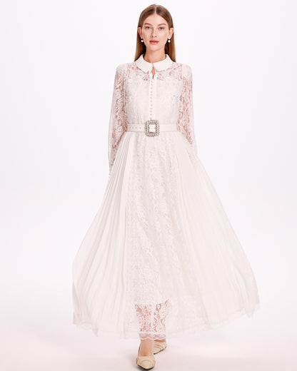 Lace & Chiffon Maxi Dress – Elegant Long Sleeve Dress with Crystal Belt