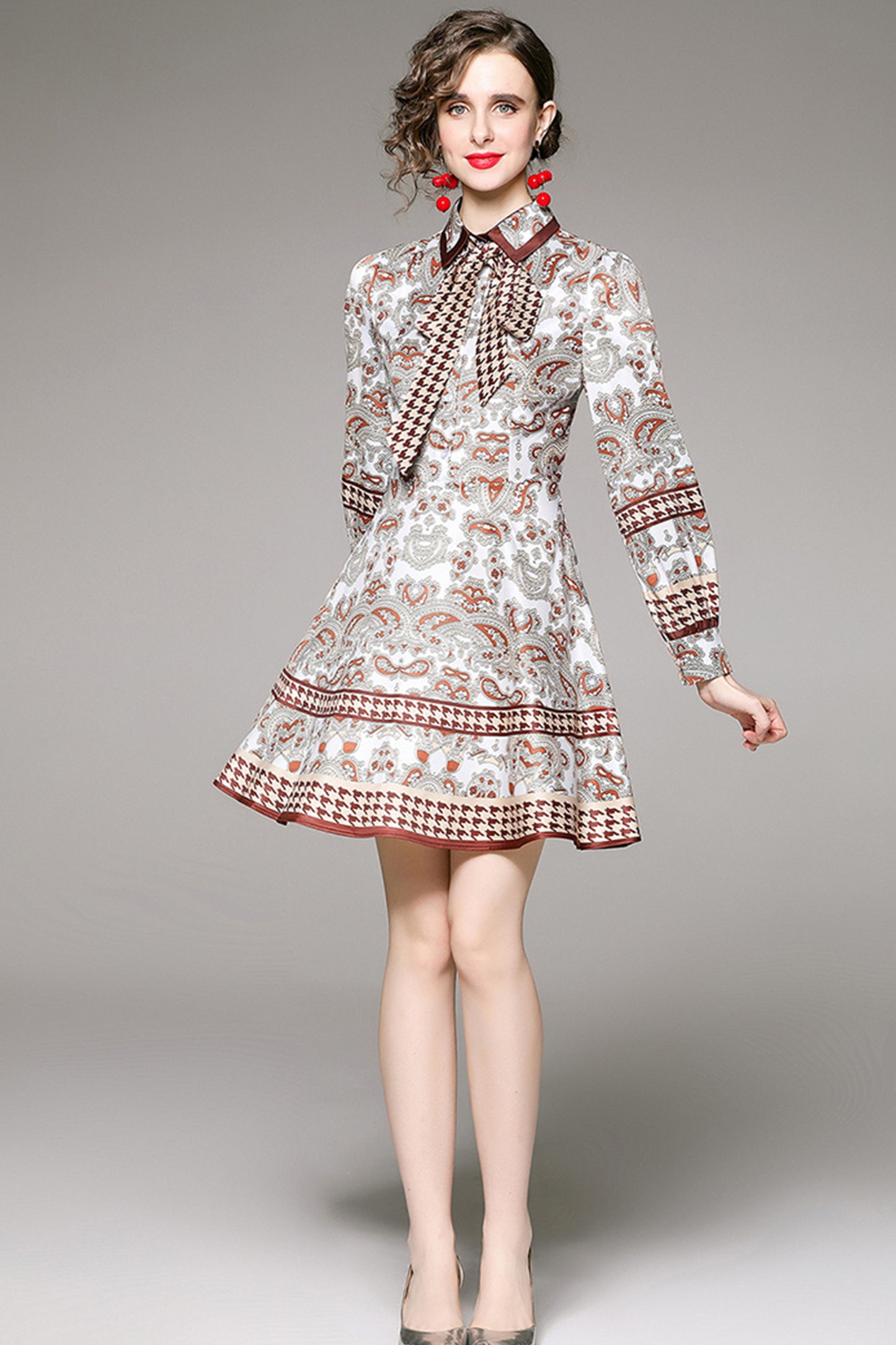 SSY-Women's Long Sleeve Lapel Collar Floral Mini Dress