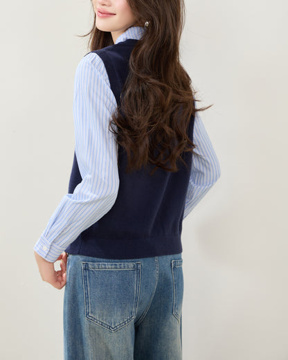 Navy Striped Collared Knit Shirt – Polished Preppy Fall Top