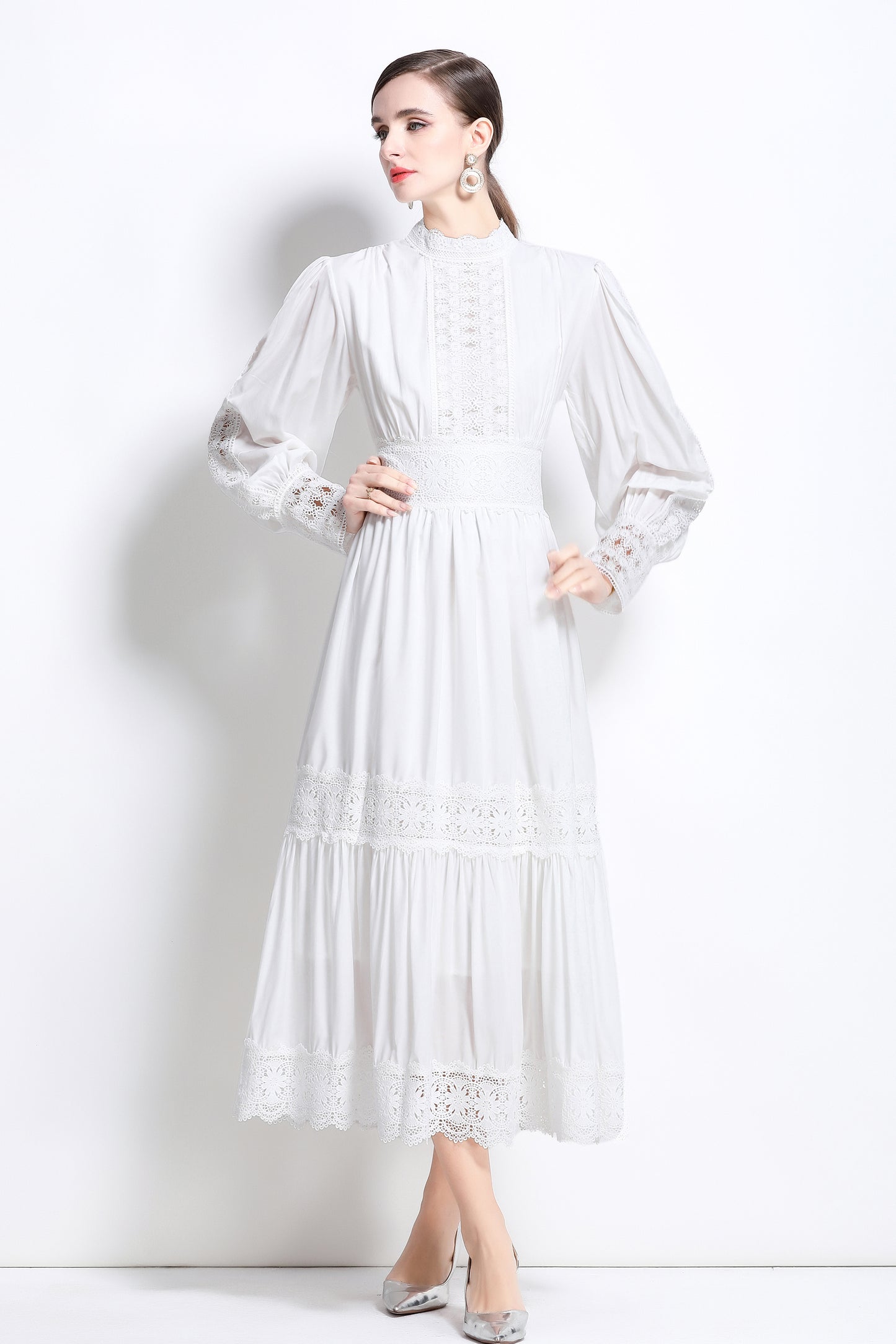 Women's Mock Neck Lantern Sleeve Lace Tiered Maxi Dress