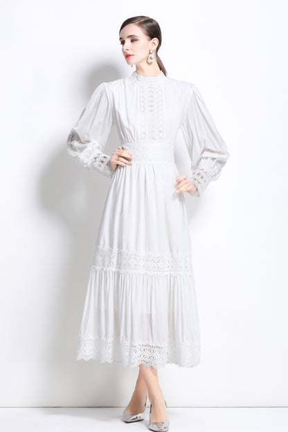 Women's Mock Neck Lantern Sleeve Lace Tiered Maxi Dress