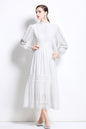 Women's Mock Neck Lantern Sleeve Lace Tiered Maxi Dress