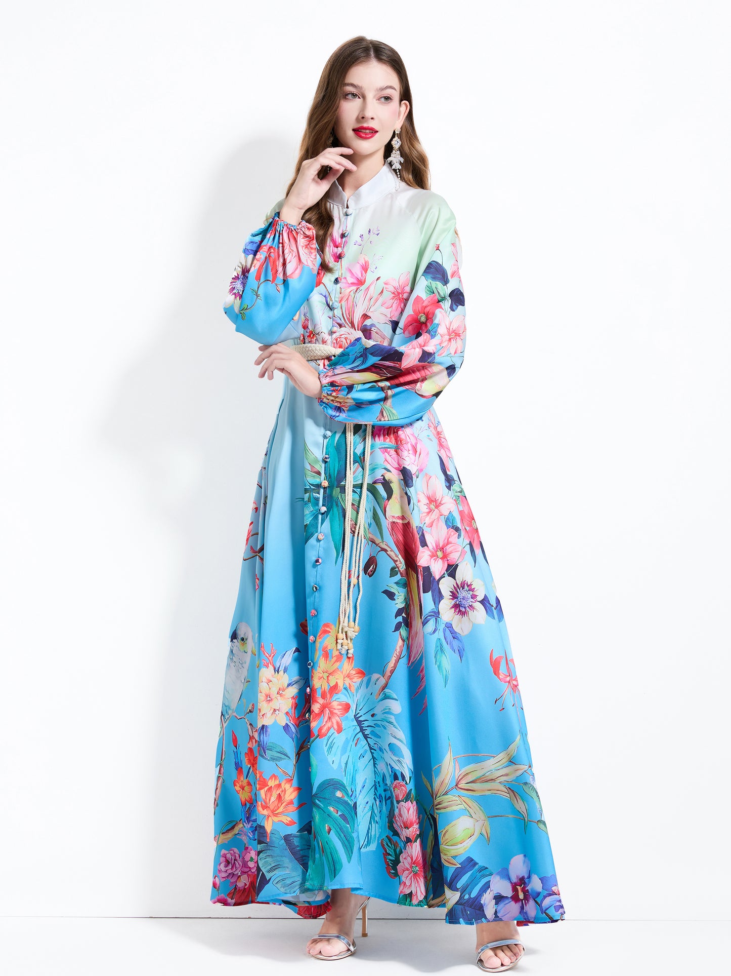 Women's Floral Print Puff Sleeve Split Maxi Dress