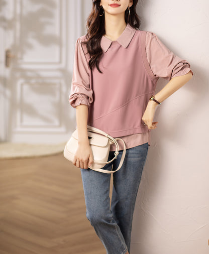 Women's Layered Knit Top | Lightweight Early Fall Collared Sweater Blouse