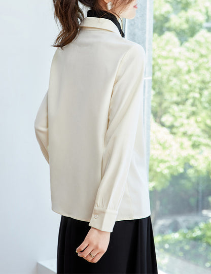 Color Block V-Neck Blouse - Contrast Half-Zip Lapel Collar Elegant Top