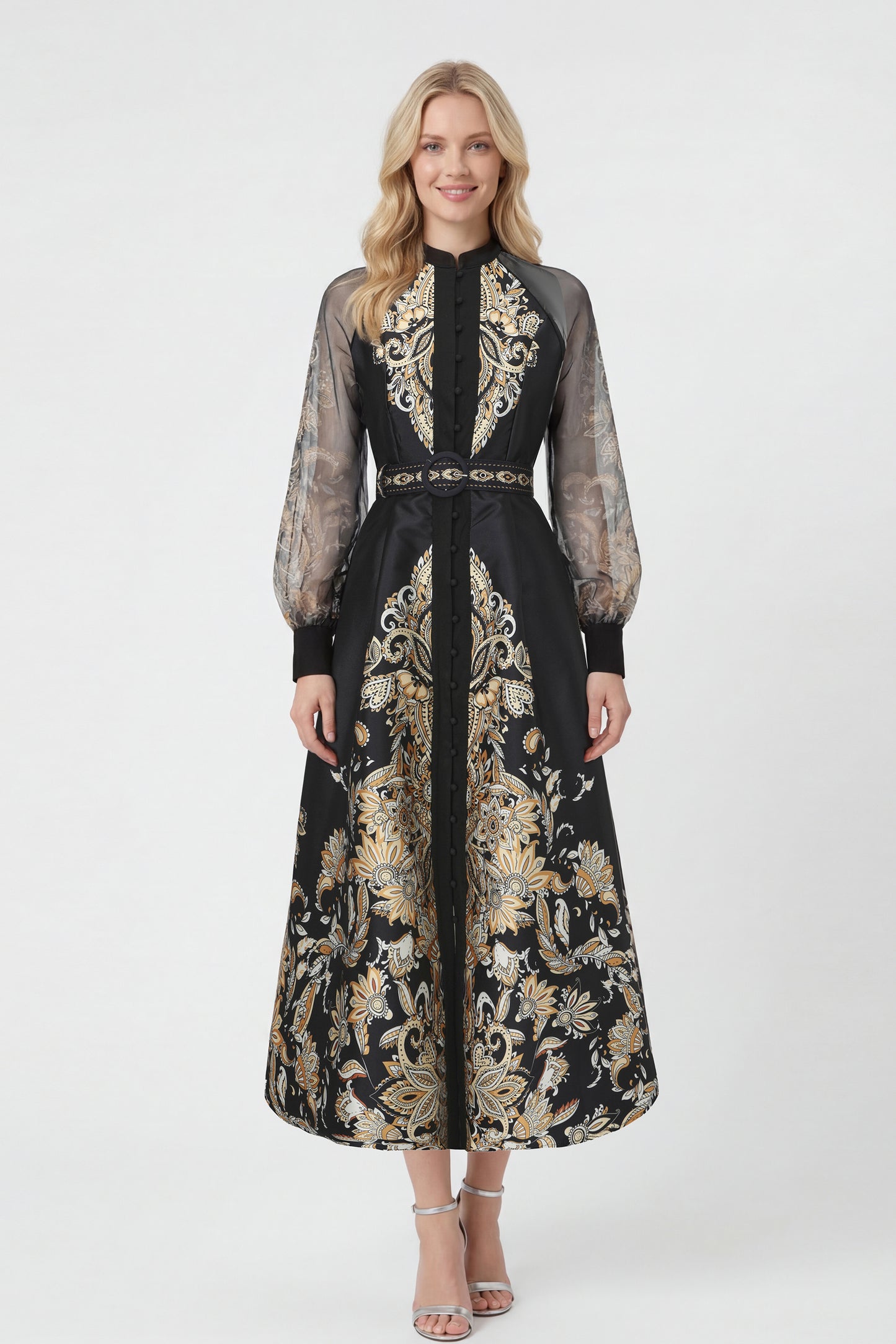 26-Women's Puff Sleeves Floral Print Button Maxi Dress