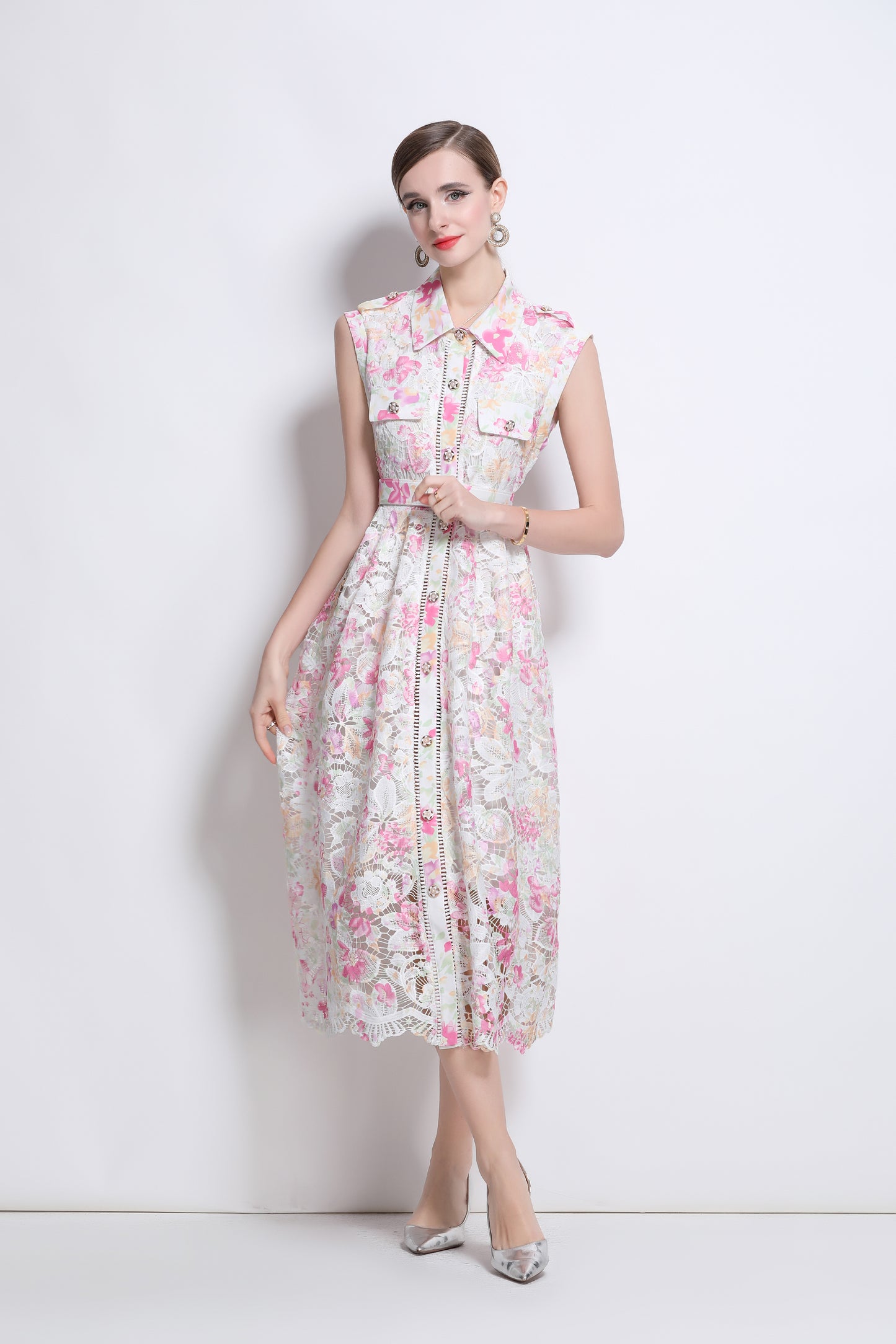 Women's Hollow Lace Print Sleeveless Midi Dress
