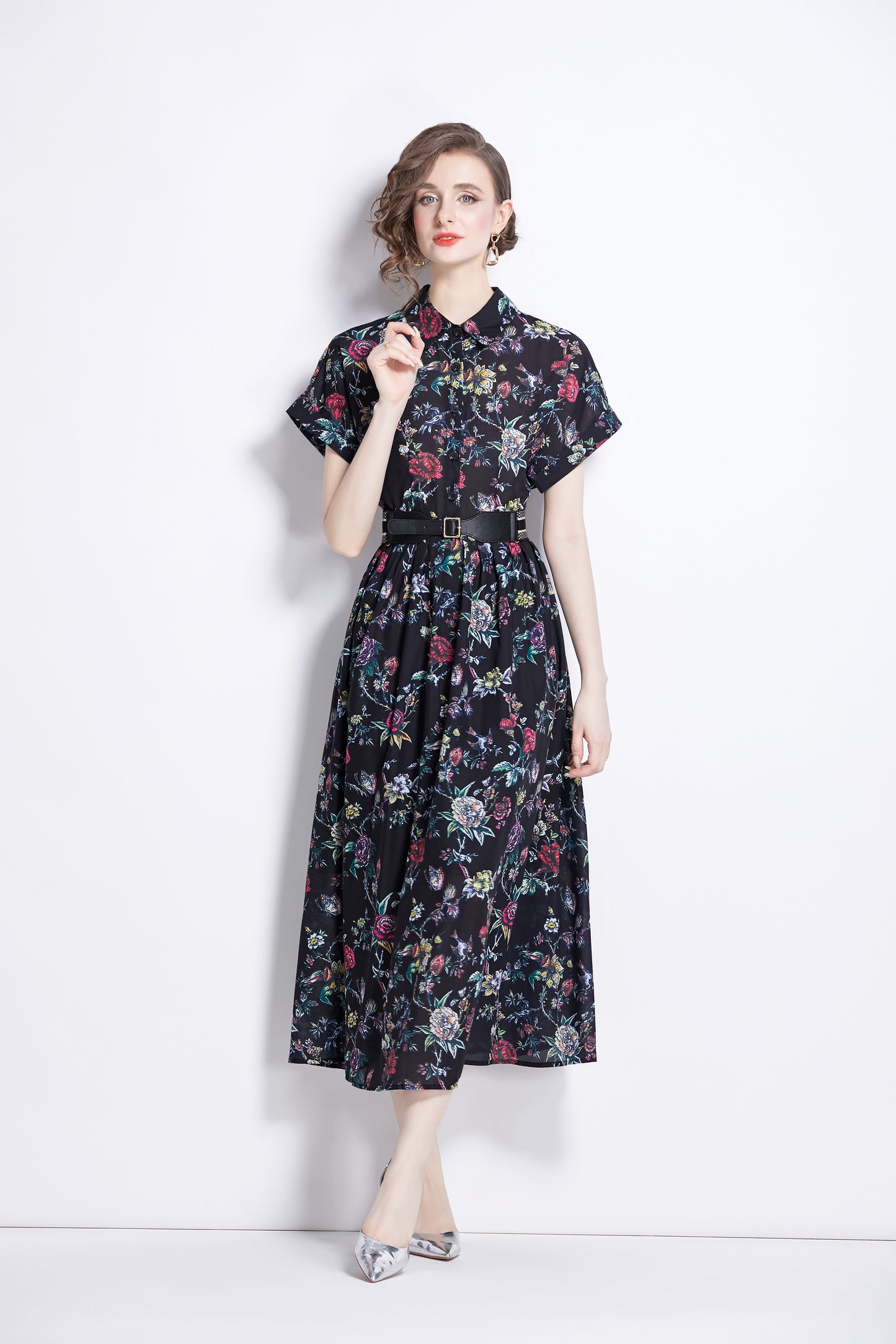 Women's Short Sleeves Collar Printed Midi Dress