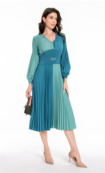 Women's Puff Sleeves V-Neck Solid Color Pleated Dress