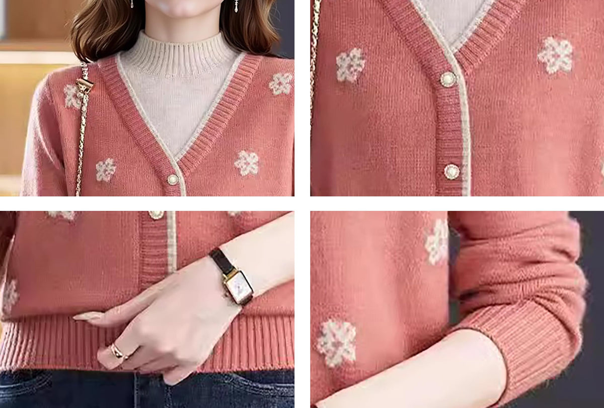 Floral Embroidered V-Neck Knit Sweater Pullover Top Fall Layered