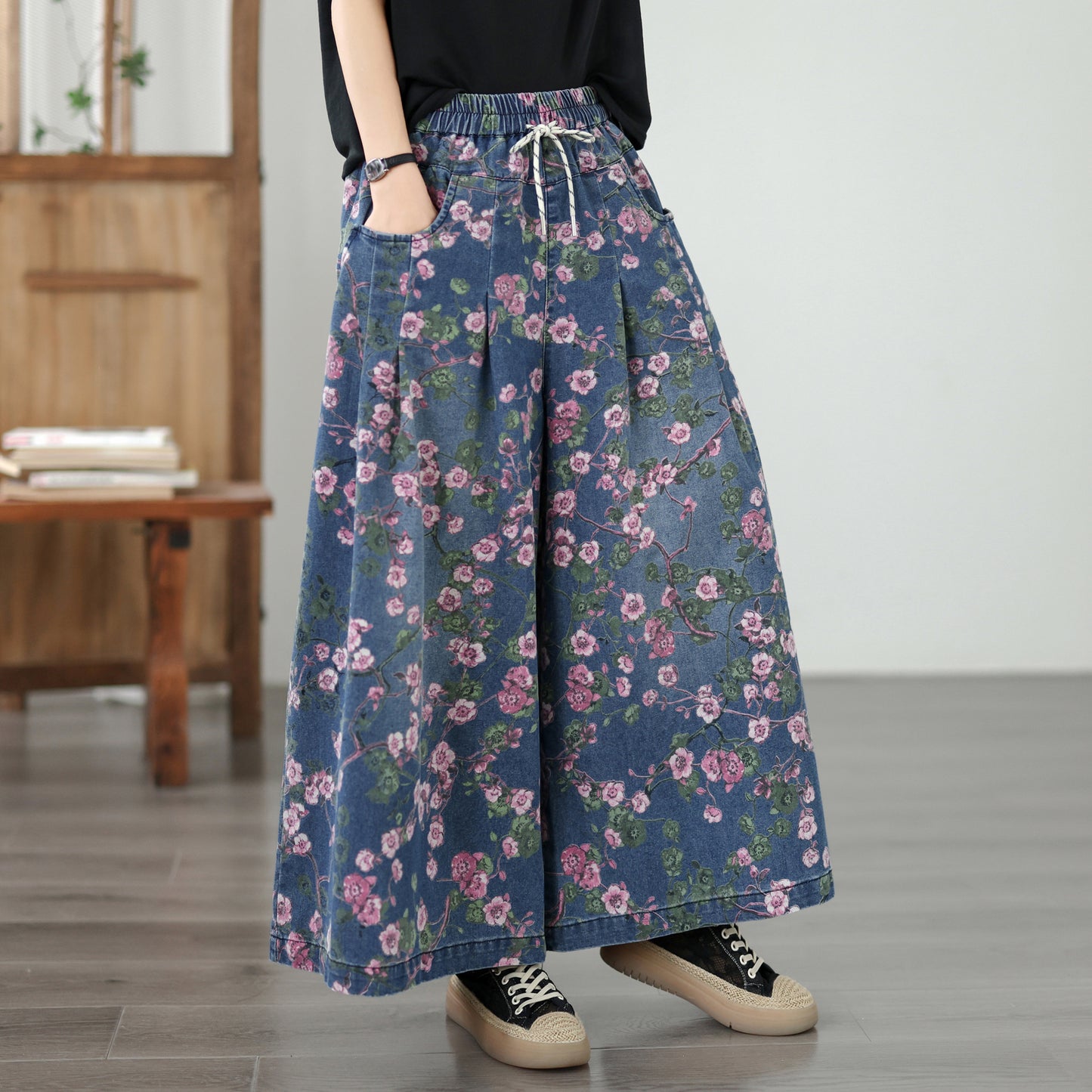 Women's Wide Leg Jeans Baggy Floral Wasited Elastic Pants - LAI MENG FIVE CATS